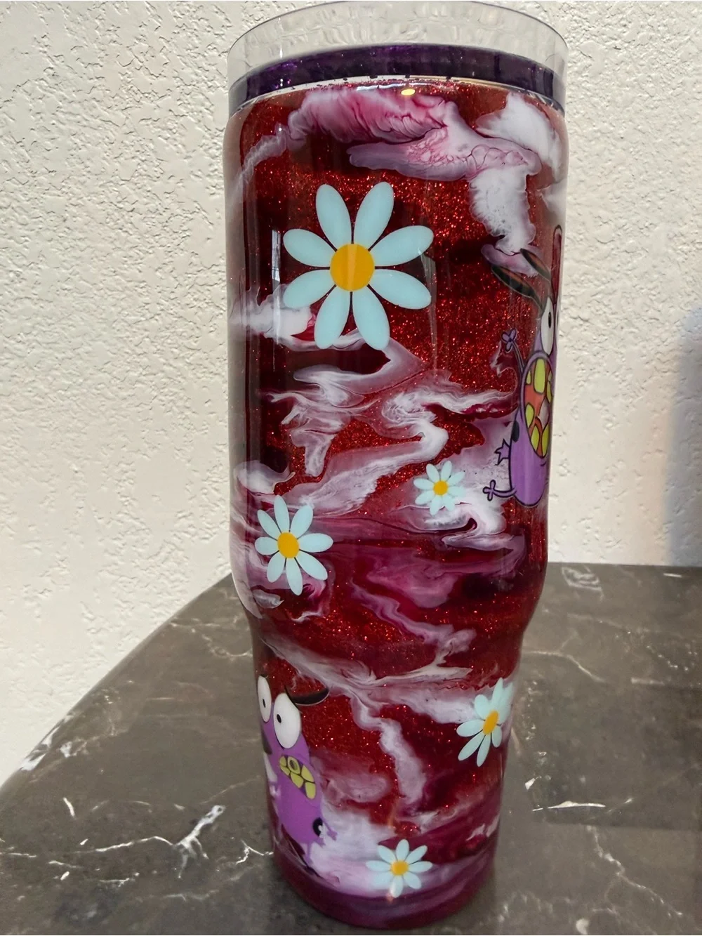 Courage the Cowardly Dog Red Marble Glitter Tumbler Cup 30 oz Handle Handmade
